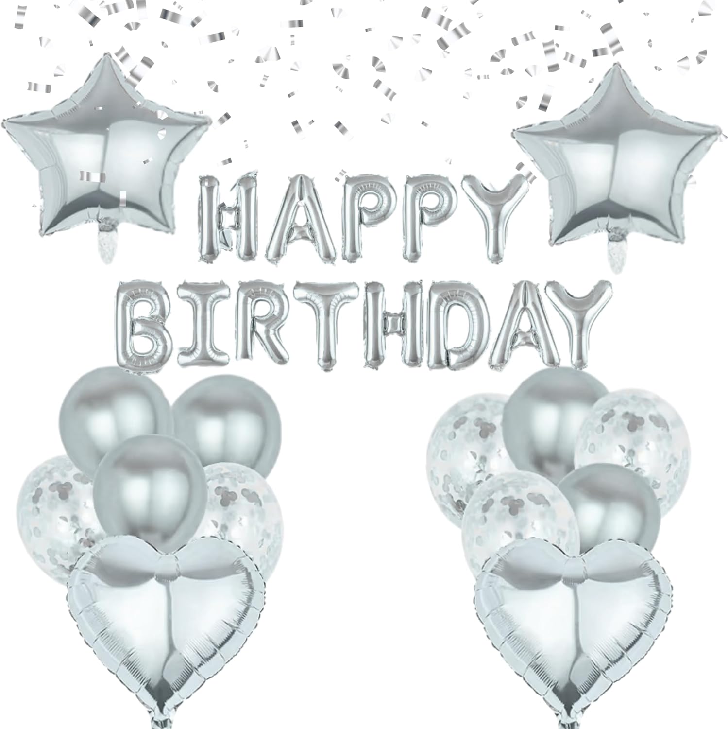 Birthday Banner with Balloon Sets with Star, Heart Foil Balloon, Birthday Banner for Birthday, Wedding, Festival Decoration Party Decoration Kids Baby Men Women Adult Party Supplies (Silver)