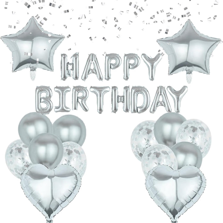 Birthday Banner with Balloon Sets with Star, Heart Foil Balloon, Birthday Banner for Birthday, Wedding, Festival Decoration Party Decoration Kids Baby Men Women Adult Party Supplies (Silver)