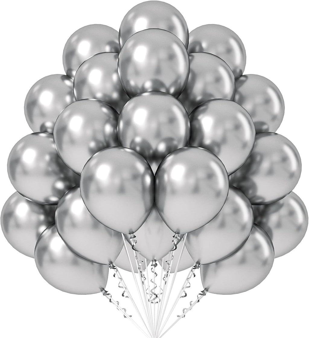 Metallic Silver Balloons 12 inch, 50 Pack Chrome Silver Latex Party Balloons Helium Quality for Birthday Graduation Baby Shower Disco Wedding Party Decorations (with Silver Ribbon)