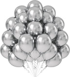 Metallic Silver Balloons 12 inch, 50 Pack Chrome Silver Latex Party Balloons Helium Quality for Birthday Graduation Baby Shower Disco Wedding Party Decorations (with Silver Ribbon)