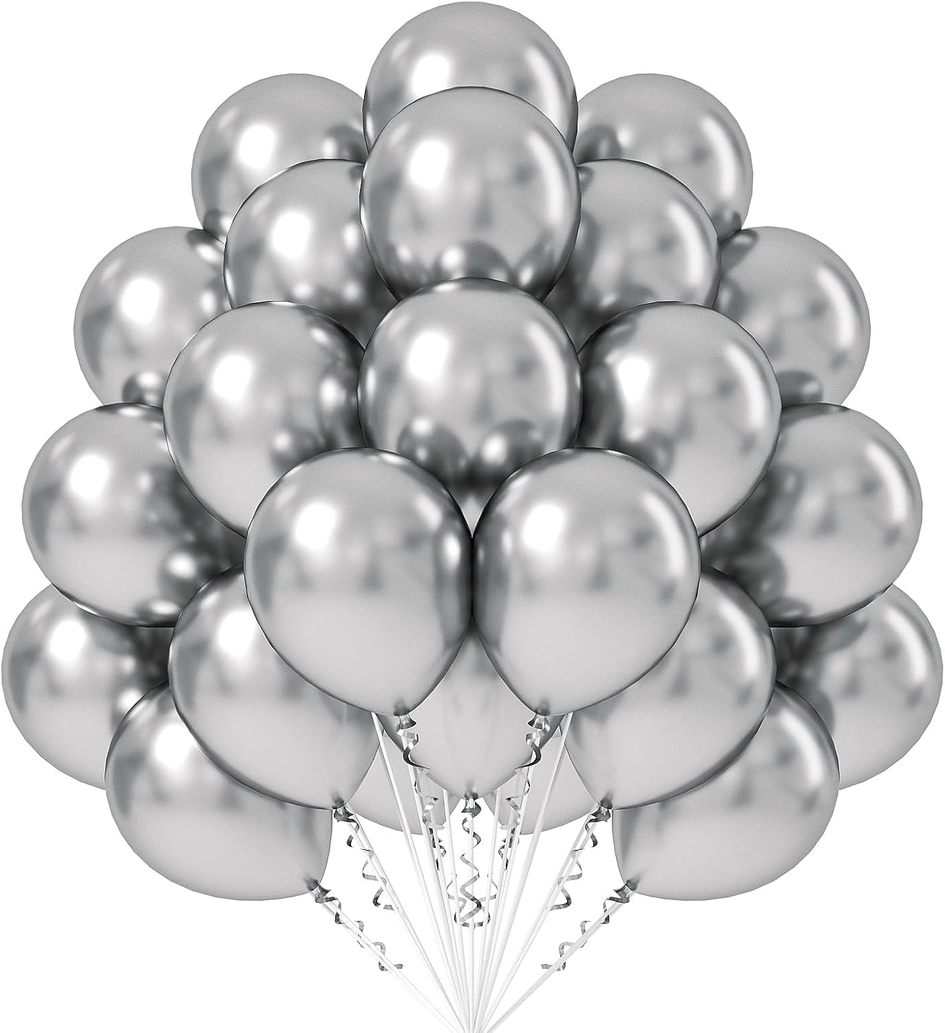 Metallic Silver Balloons 12 inch, 50 Pack Chrome Silver Latex Party Balloons Helium Quality for Birthday Graduation Baby Shower Disco Wedding Party Decorations (with Silver Ribbon)
