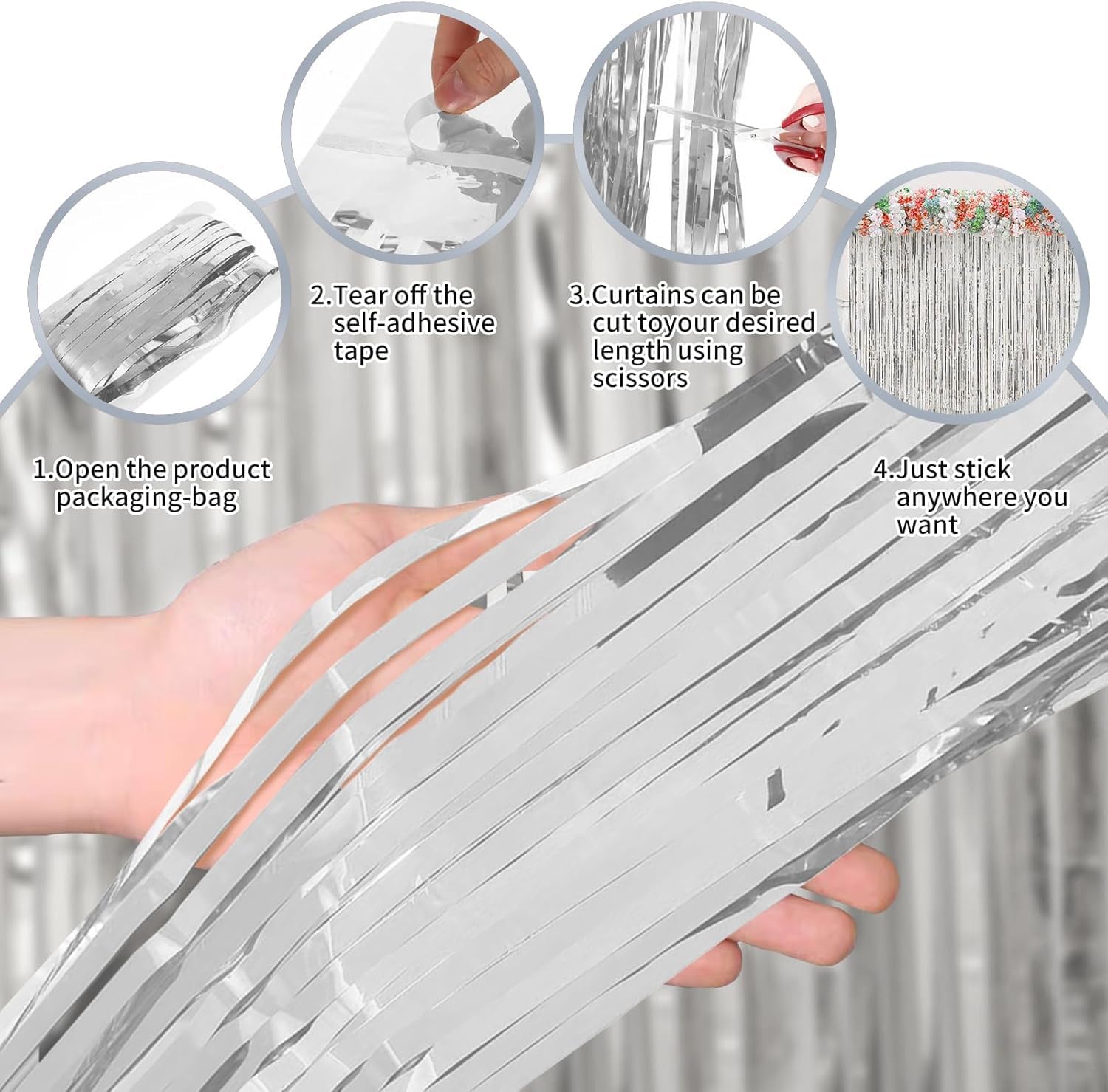 3ft x 6ft Silver Foil Fringe Curtains, Pack of 3 - Tinsel Backdrop for Birthday, Bachelorette, Baby Shower, Anniversary - Photo Booth Wall