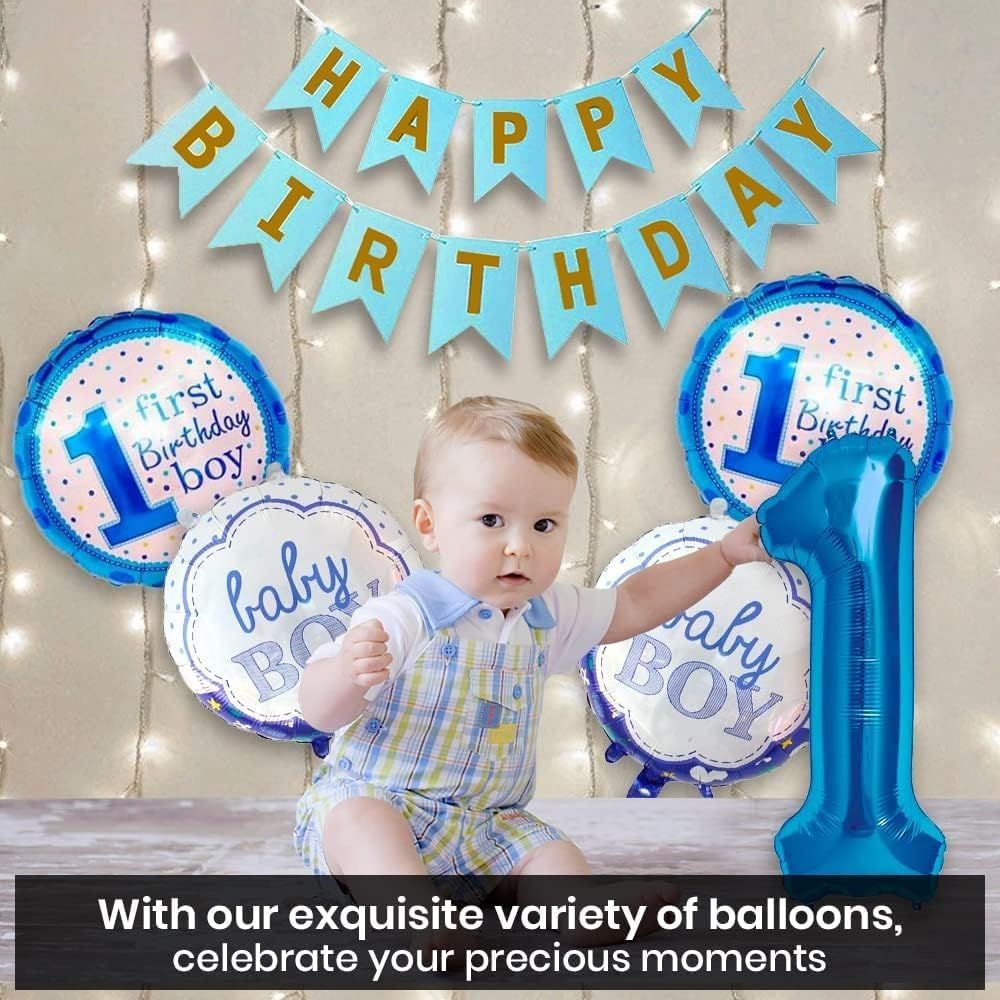 Birthday Decoration Paper Kit For 1St Birthday Boys 7 Pcs With Lights, Blue