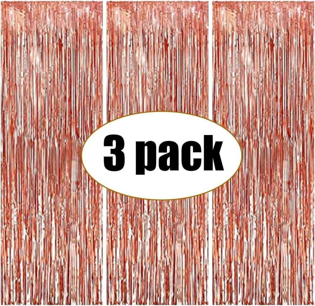 Rose Gold Foil Fringe Curtains – 3x6 Ft Shimmer Backdrop for Birthday, Anniversary, Baby Shower, Bridal Shower, Bachelorette, Photo Booth Decor – Pack of 3