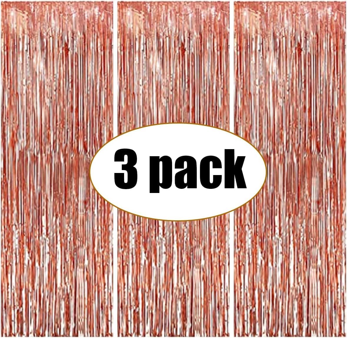 Rose Gold Foil Fringe Curtains – 3x6 Ft Shimmer Backdrop for Birthday, Anniversary, Baby Shower, Bridal Shower, Bachelorette, Photo Booth Decor – Pack of 3