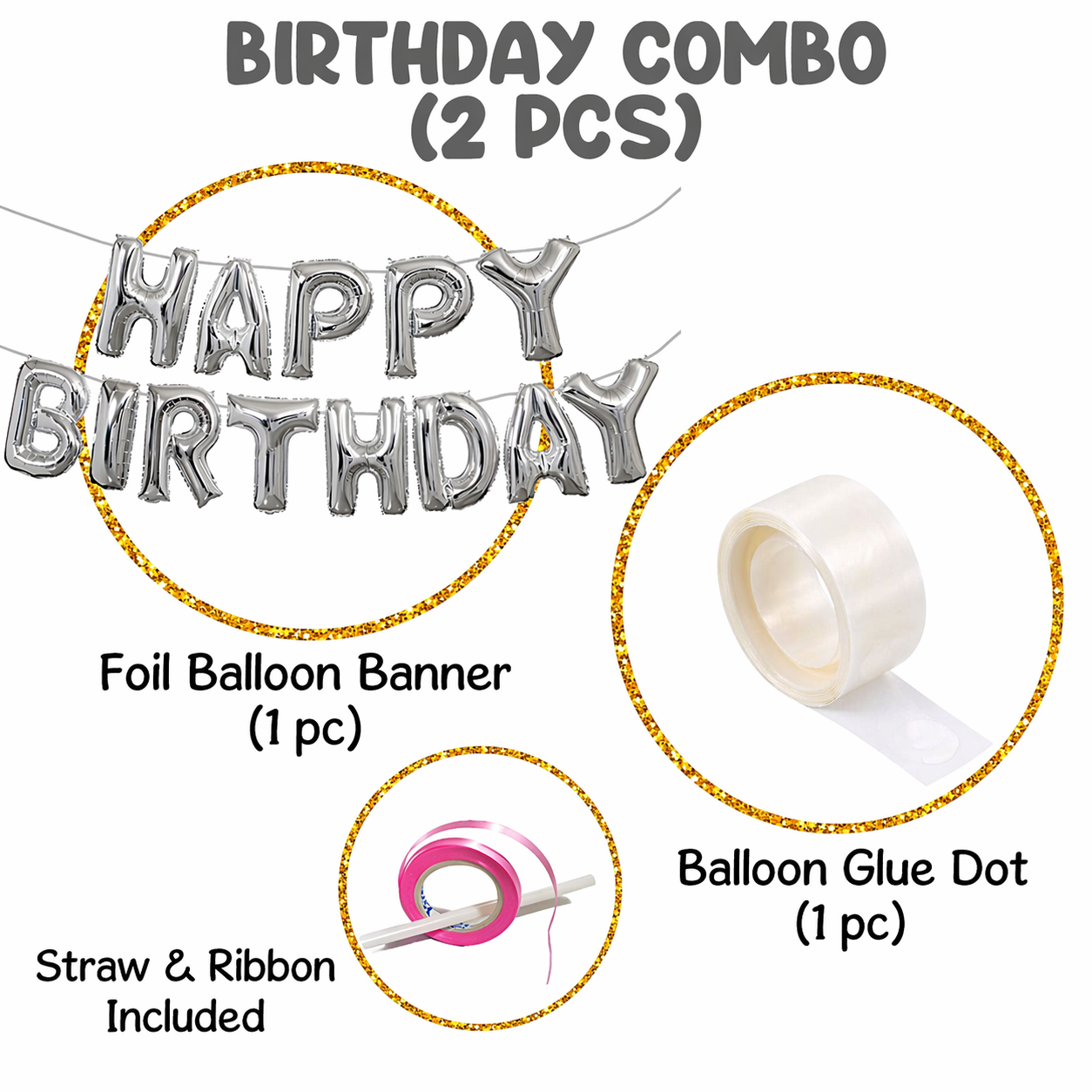 set of 2 Pcs Combo Happy Birthday Silver Foil balloons banner witn Gluedot for happy birthday decoration/happy birthday balloons banner/happy birthday balloon silver