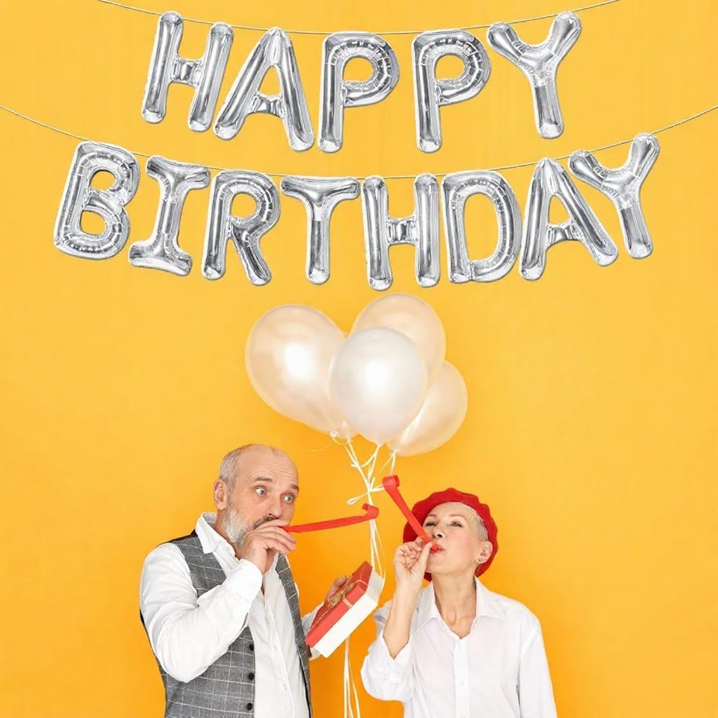 Silver Happy Birthday Balloons Banner - 16 Inch | Happy Birthday Sign Balloons for Happy Birthday Decorations | Happy Birthday Party Decoration | Happy Birthday Banner for Birthday Party Decoration