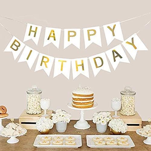 White Happy Birthday Banner For birthday decoration Men Women Adults Kids, Party Supplies Party Decorations
