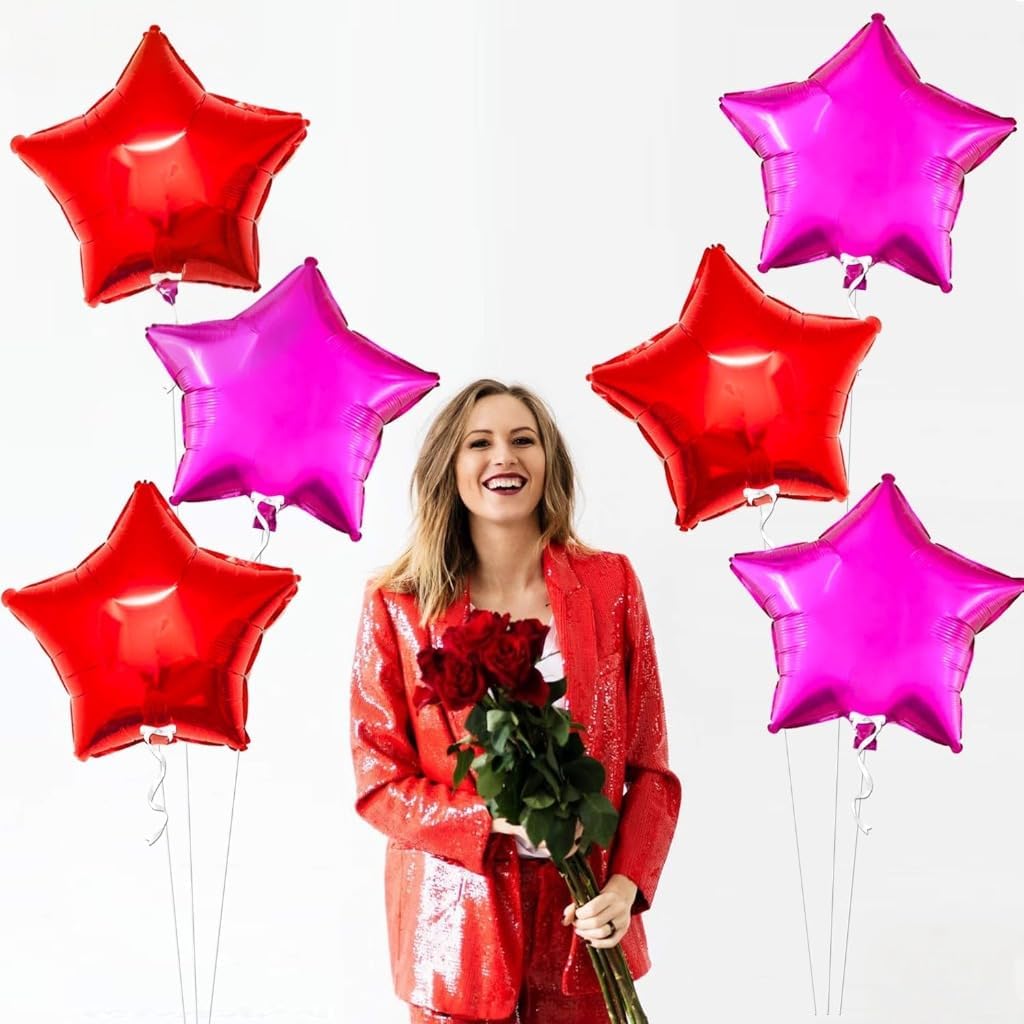 Pink and Red Star Foil Balloons Set – 6 Pack | 18 Inch Star-Shaped Red and Pink Foil Balloons | Metallic Party Balloons for Birthday Decorations, Wedding, Anniversary, Bridal Shower, and Baby Shower