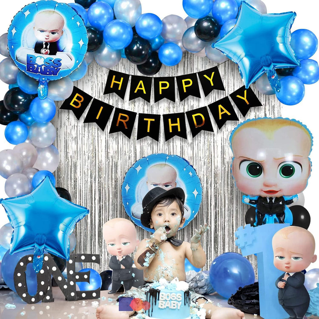 Boss Baby Theme Birthday Decorations Kit - 55 Pcs With Happy Birthday Banner (Cardstock), Blue Balloons