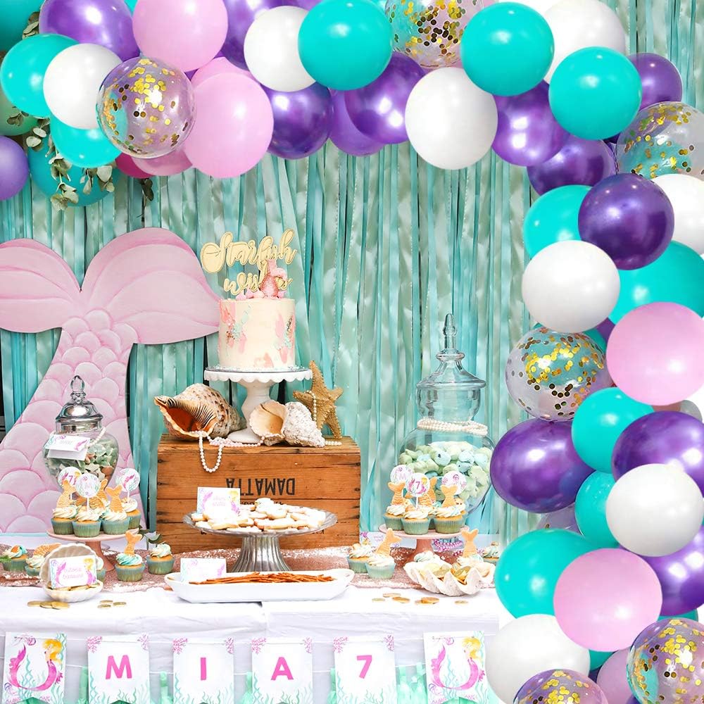Unicorn Mermaid Latex Balloons 50Pack,12 Inch Gold Confetti Party Balloons, Light Pink Blue Purple Assorted with 2 Rolls Ribbon for Parties, Birthday.