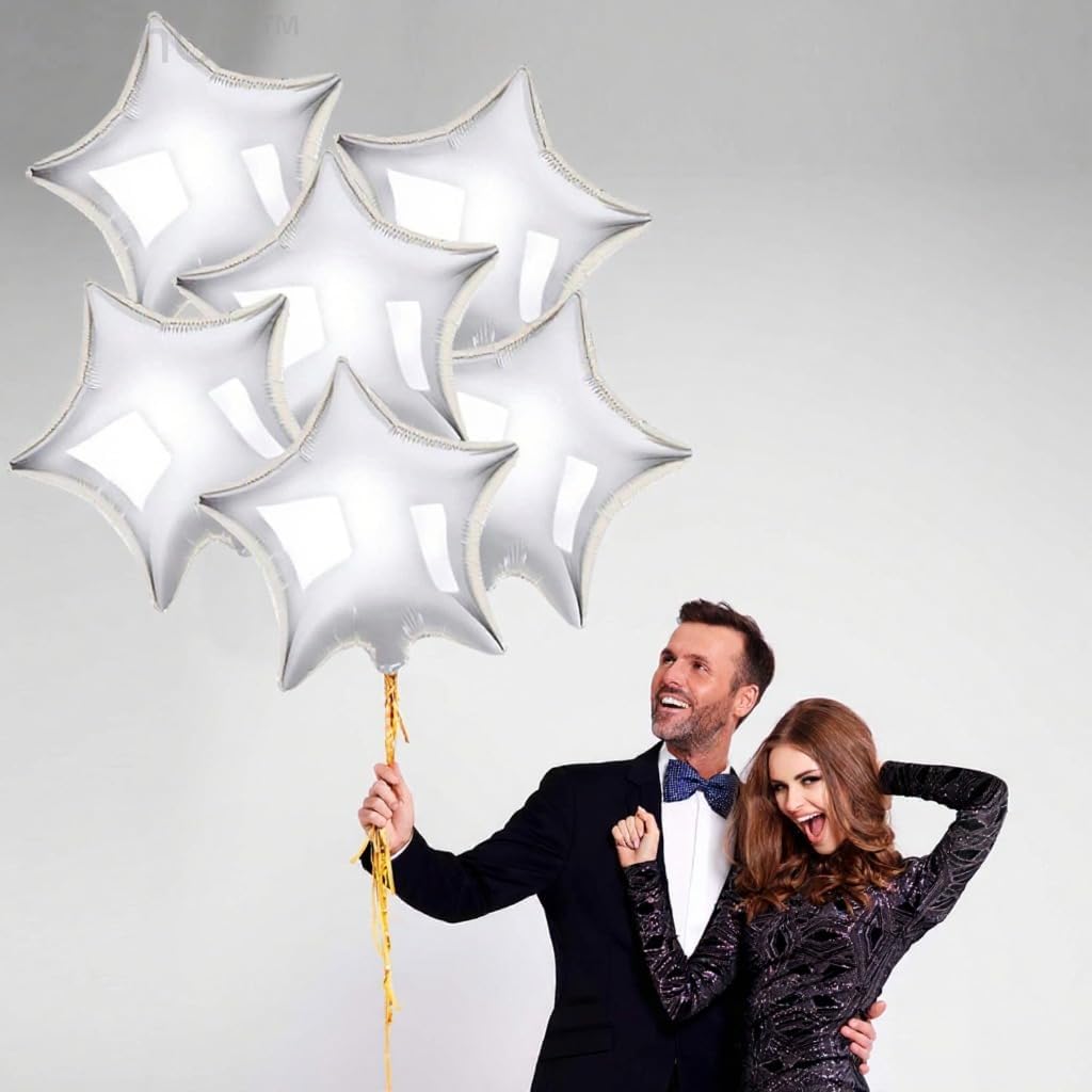 Silver Star Balloons for Party Decoration - Pack of 6, 18 Inch | Twinkle Little Star Silver Balloons for Birthday | Star Shaped Balloon for Baby Shower, Wedding, Magical Prom, Engagement, Anniversary