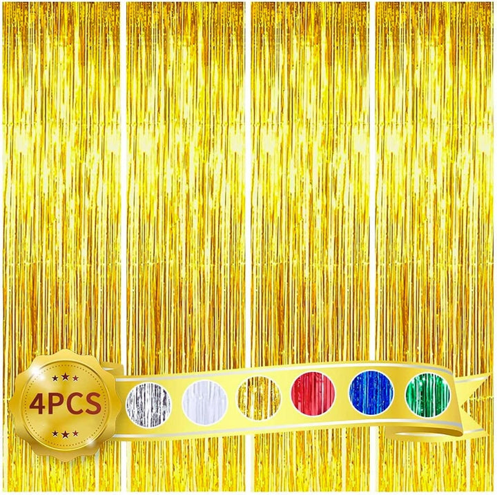 Golden Foil Fringe Curtains Birthday Anniversary Decoration | Pack of 4, 3x6 ft each, metallic shimmer backdrop for kids, teens, adults, anniversary, baby shower and bridal events