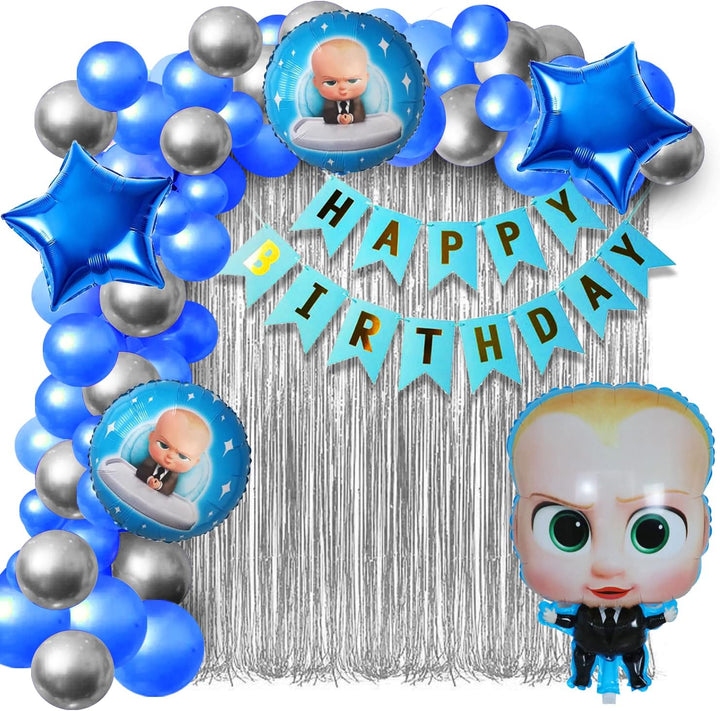 Boss Baby Theme Birthday Decorations Set - 38 Pieces Blue White Metallic Balloons for 1st Birthday