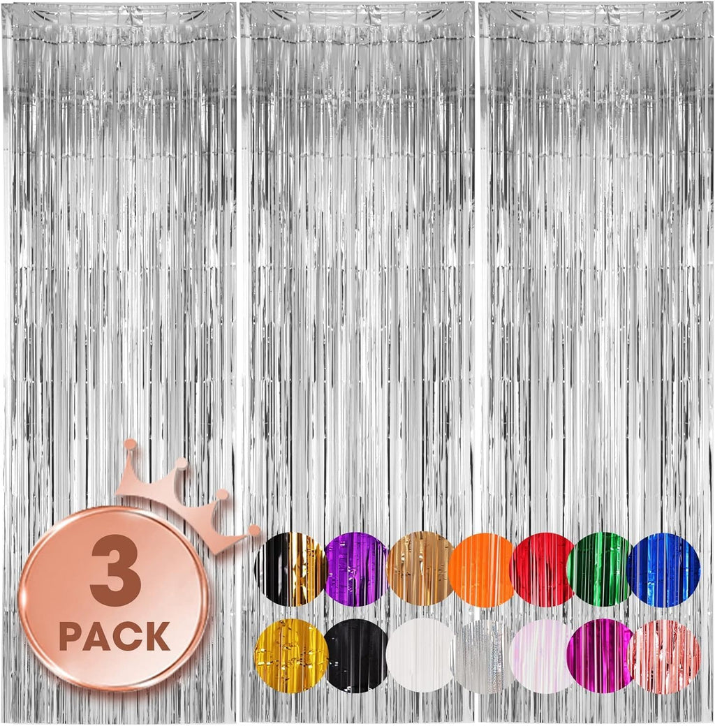 3ft x 6ft Silver Foil Fringe Curtains, Pack of 3 - Tinsel Backdrop for Birthday, Bachelorette, Baby Shower, Anniversary - Photo Booth Wall