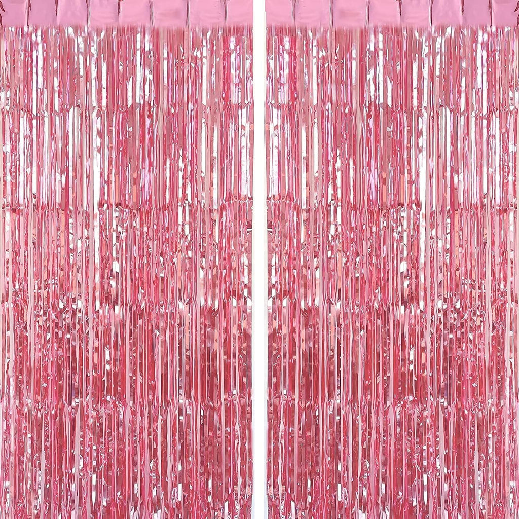Metallic Tinsel Foil Fringe Curtains – Party Photo Backdrop for Birthday Decorations, 2-Piece Set, 100 x 200 cm, Pink