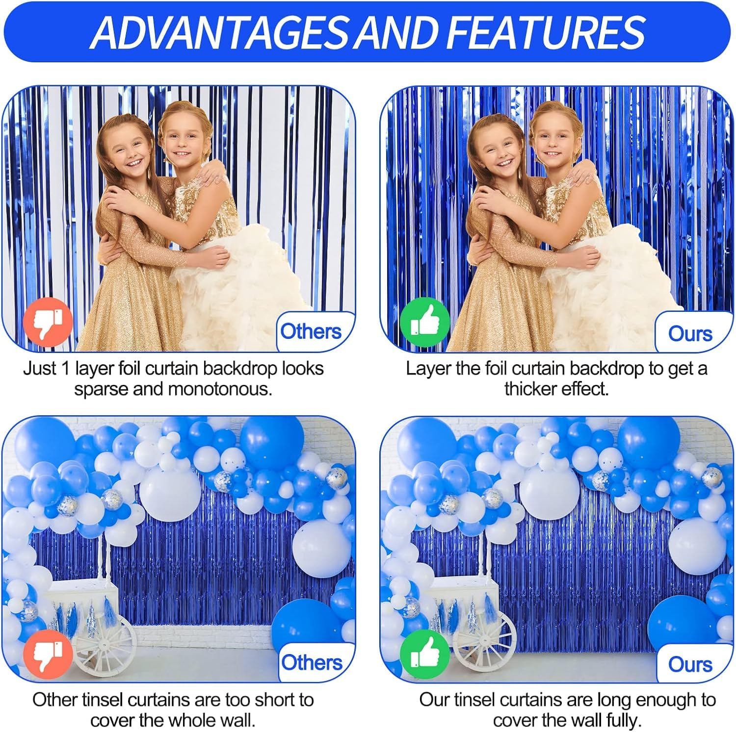 3 ft X 6 ft Metallic Tinsel Foil Fringe Curtains for Birthday, Wedding, Engagement, Bridal Shower, Baby Shower, Bachelorette, Holiday Celebration, Party Decorations (Pack of 3, Royal Blue)