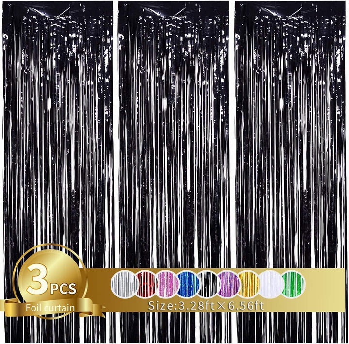 Propsicle Black Metallic Foil Fringe Curtains For Birthday Decoration | Pack of 3 shimmer curtains, 3x6 ft each for graduation, Halloween, bachelorette, groom to be, and anniversary backdrop