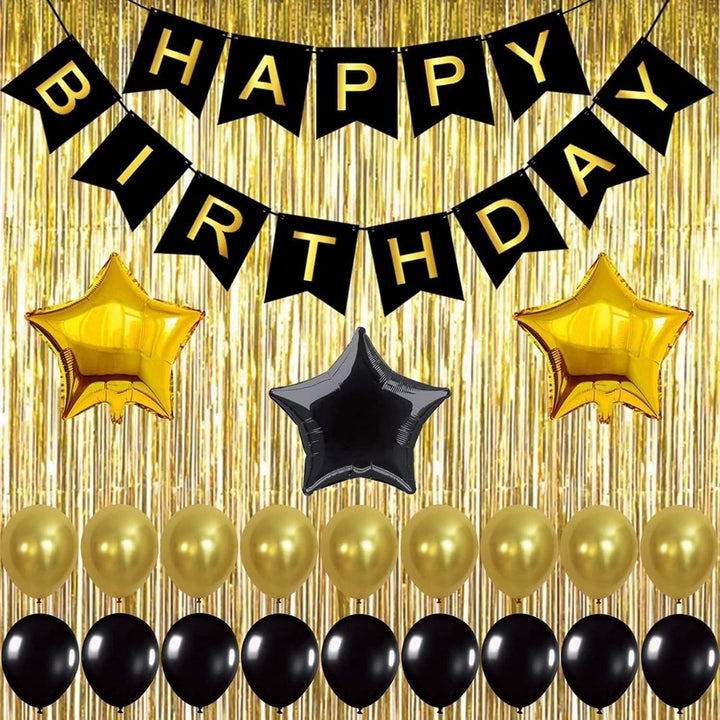 Gold and Black Birthday Decorations Set - Happy Birthday Banner, Foil Fringe and Mylar Star Balloons for Party