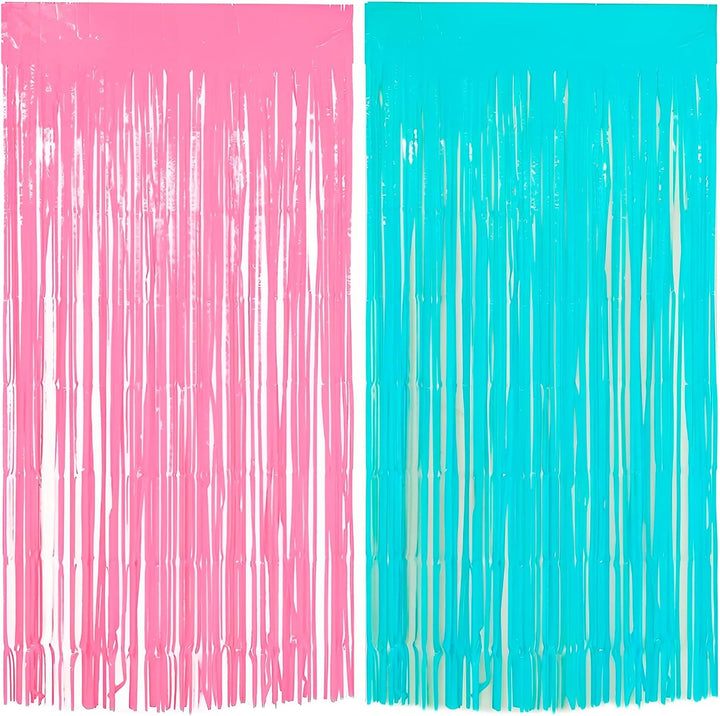 Pastel Pink Blue Foil Fringe Curtains Baby Shower Decoration | Pack of 2 shimmer curtains, 3x6 ft each, for Godh Bharai, twins birthday, naamkaran ceremony, pastel theme backdrop