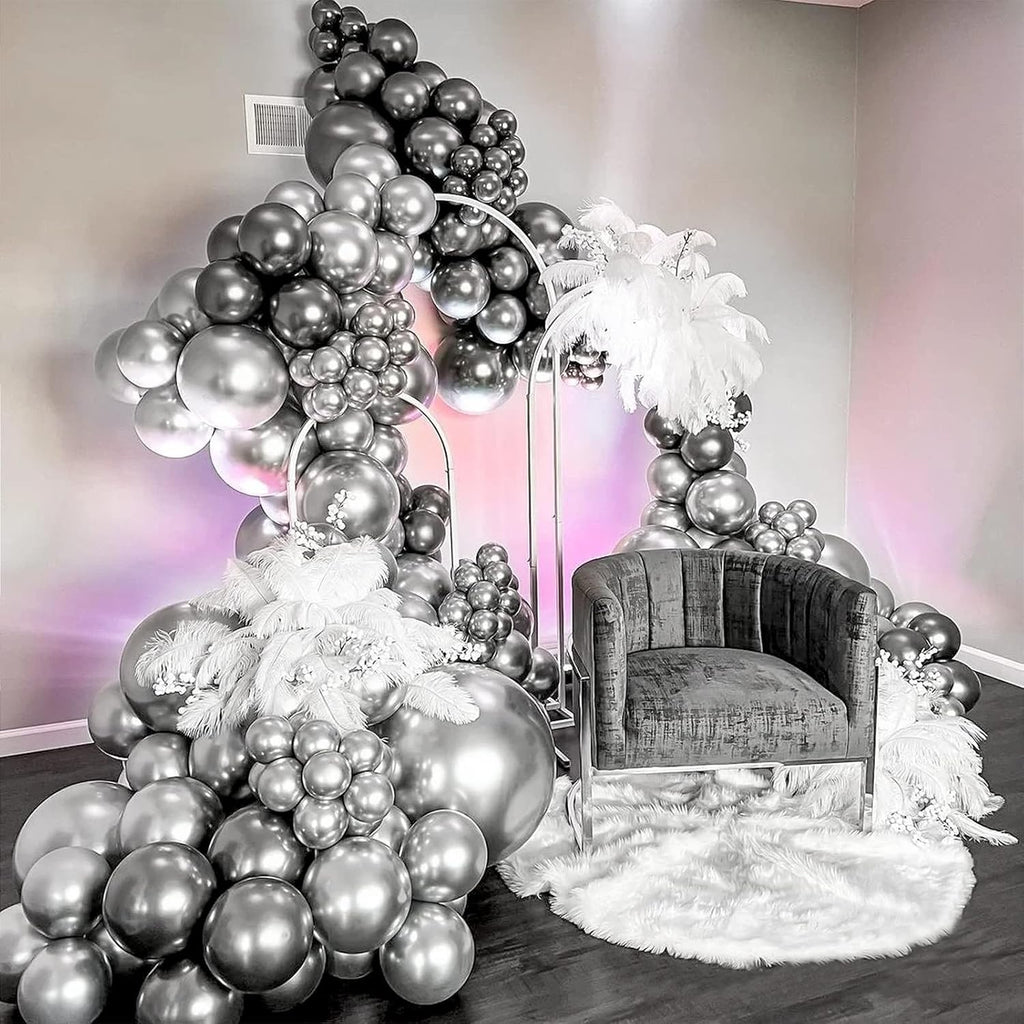 Metallic Silver Balloons 12 inch, 50 Pack Chrome Silver Latex Party Balloons Helium Quality for Birthday Graduation Baby Shower Disco Wedding Party Decorations (with Silver Ribbon)
