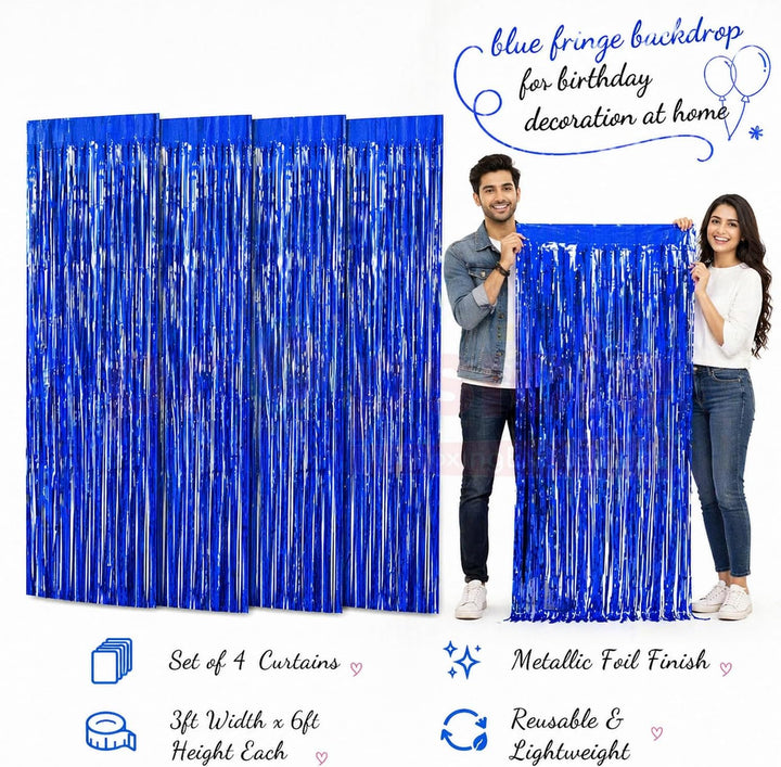 Metallic Blue Foil Fringe Curtains for Boys Birthday Decoration | Pack of 4 shimmer curtains 3x6 ft each, for royal prince, space, Krishna, ocean, superhero theme backdrop, welcome baby boy
