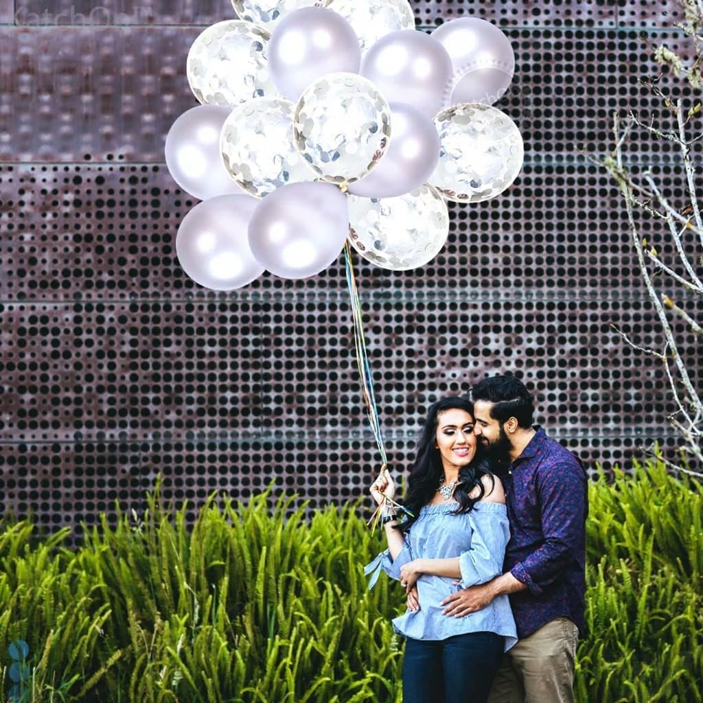Silver and Silver Confetti Latex Balloons Kit - Pack of 30 | Latex Silver and Confetti Balloons for Birthday | Shiny Silver Confetti Balloons for Wedding Decorations, Anniversary, Bridal, Baby Shower