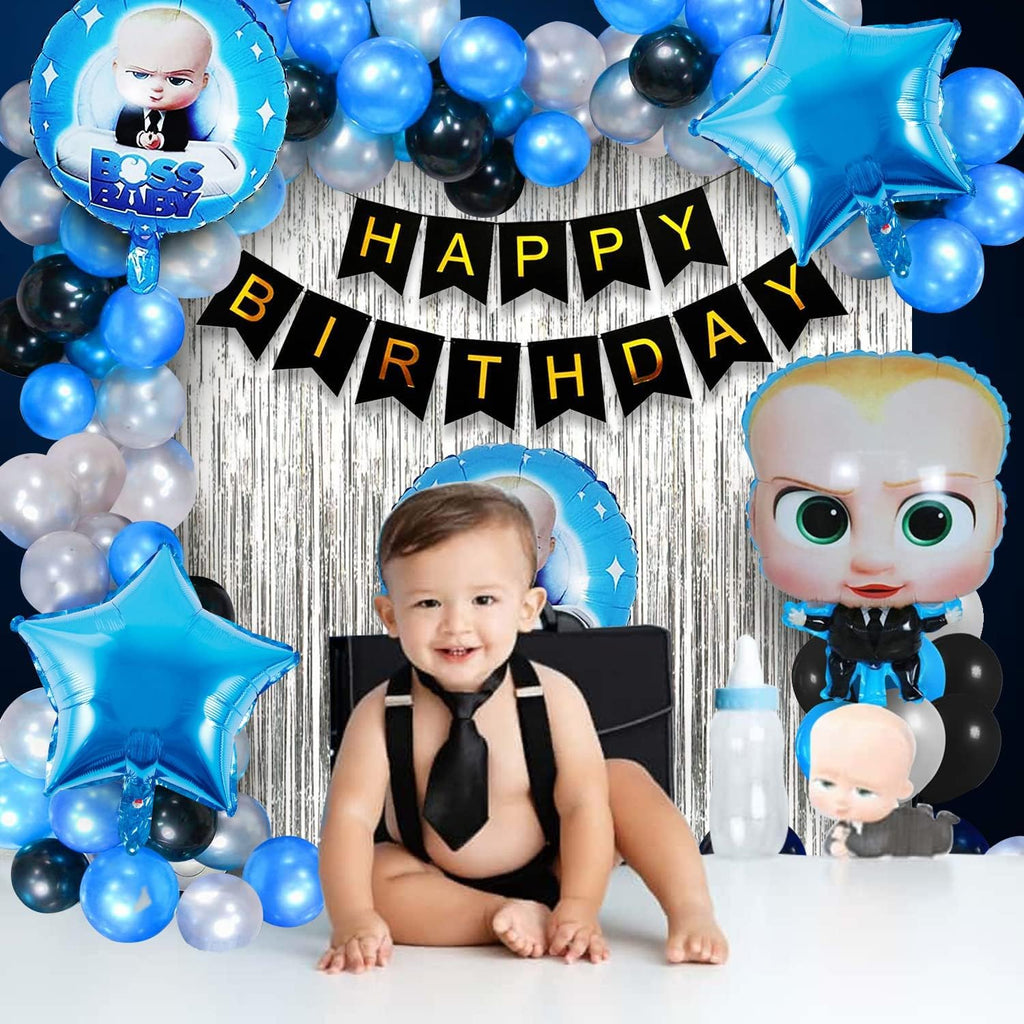 Boss Baby Theme Birthday Decorations Kit - 55 Pcs With Happy Birthday Banner (Cardstock), Blue Balloons