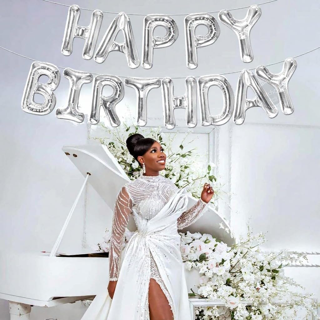 Silver Happy Birthday Balloons Banner - 16 Inch | Happy Birthday Sign Balloons for Happy Birthday Decorations | Happy Birthday Party Decoration | Happy Birthday Banner for Birthday Party Decoration