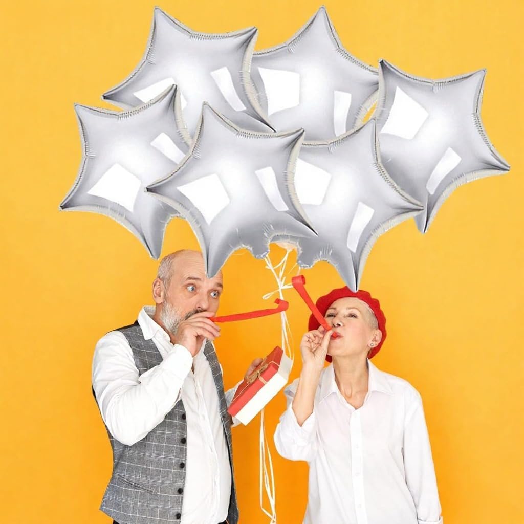 Silver Star Balloons for Party Decoration - Pack of 6, 18 Inch | Twinkle Little Star Silver Balloons for Birthday | Star Shaped Balloon for Baby Shower, Wedding, Magical Prom, Engagement, Anniversary