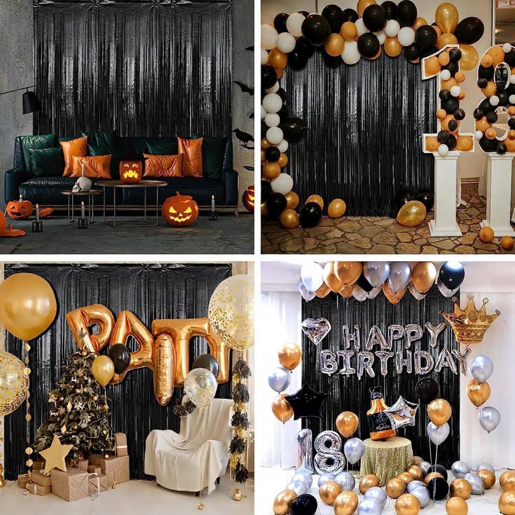 3 pcs 3ftx6ft Metal Black Foil Fringe Curtains Happy Birthday Party, Anniversary, Bachelorette, Baby Shower, Bridal Shower Decoration Item - Pack of 3