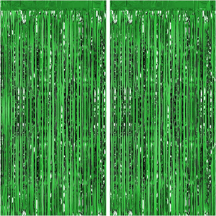 Goldedge Metallic Tinsel Foil Fringes Curtains Party Photo Backdrop for Birthday Decorations 2-Piece Set, 100 x 200 cm Size, Green