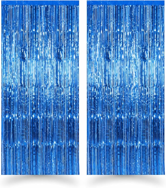  Metallic Blue Foil Fringe Curtain Backdrop for Party Decorations, 2 Pack