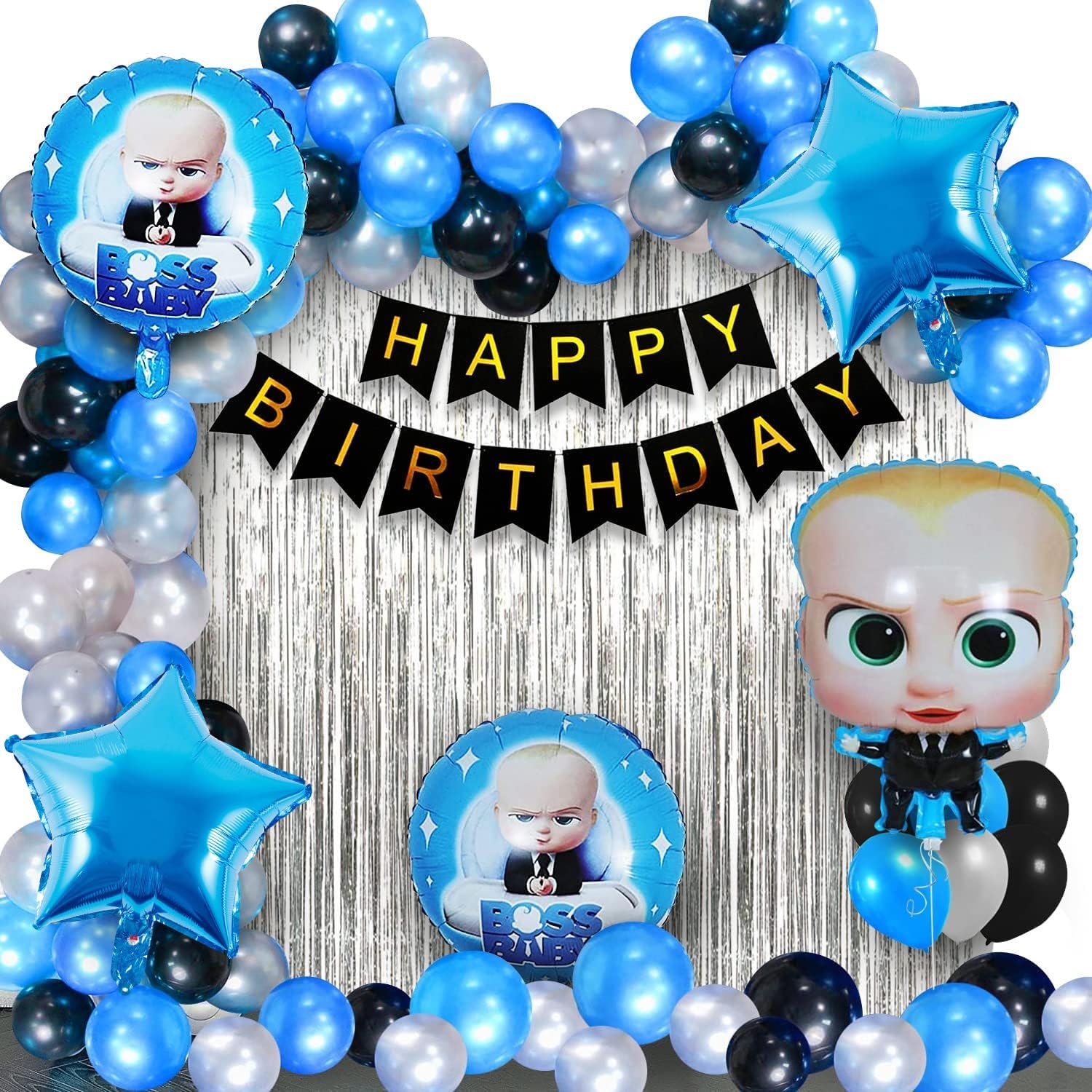 Boss Baby Theme Birthday Decorations Kit - 55 Pcs With Happy Birthday Banner (Cardstock), Blue Balloons