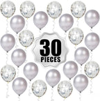 Silver and Silver Confetti Latex Balloons Kit - Pack of 30 | Latex Silver and Confetti Balloons for Birthday | Shiny Silver Confetti Balloons for Wedding Decorations, Anniversary, Bridal, Baby Shower