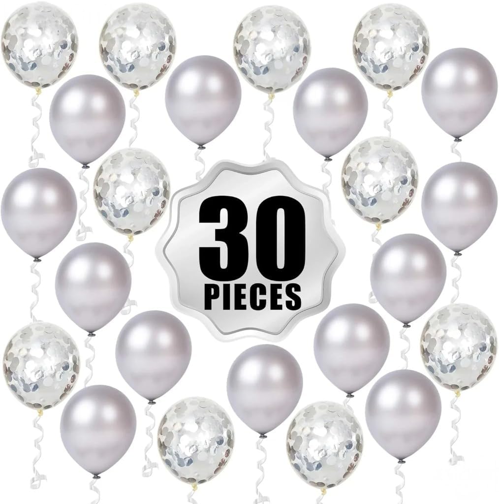 Silver and Silver Confetti Latex Balloons Kit - Pack of 30 | Latex Silver and Confetti Balloons for Birthday | Shiny Silver Confetti Balloons for Wedding Decorations, Anniversary, Bridal, Baby Shower