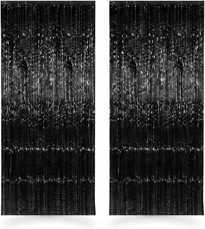 Black Foil Fringe Curtain Backdrop for Party Decorations, 2 Pack