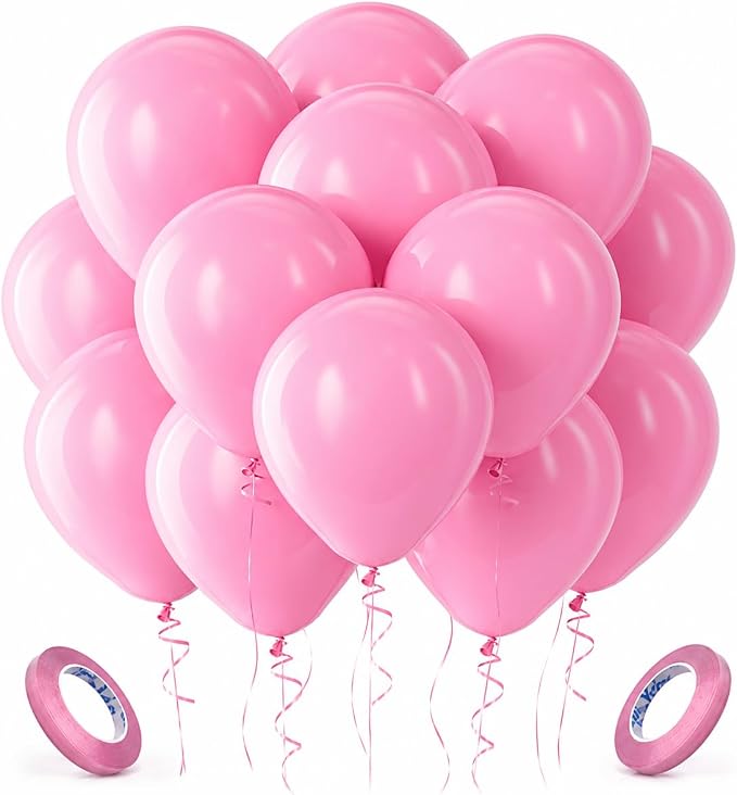 Pink Latex Balloons 100 Pack, 12 Inch Party Balloons with 2 Rolls of Ribbon, Helium Quality Balloons for Wedding, Birthday, Baby Shower, Engagement, Anniversary & Party Decorations