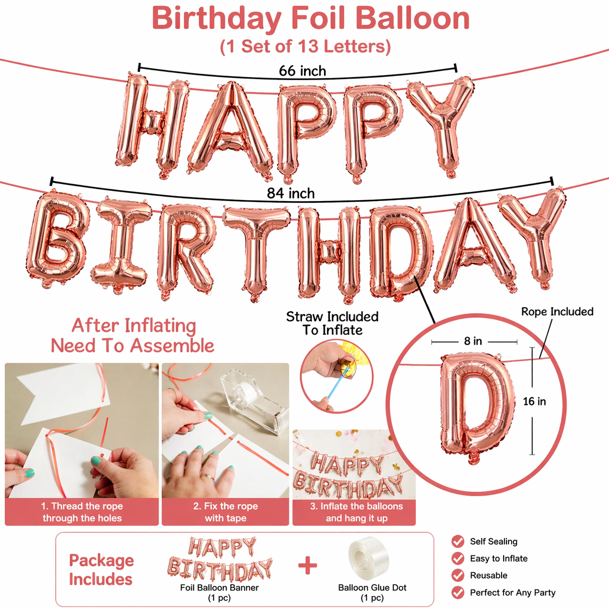 Set of 2 Pcs Combo Rose Gold Happy Birthday Foil balloons Banner with Gluedot for Birthday decoration/rose gold balloon/rose gold birthday/rose gold birthday decorations