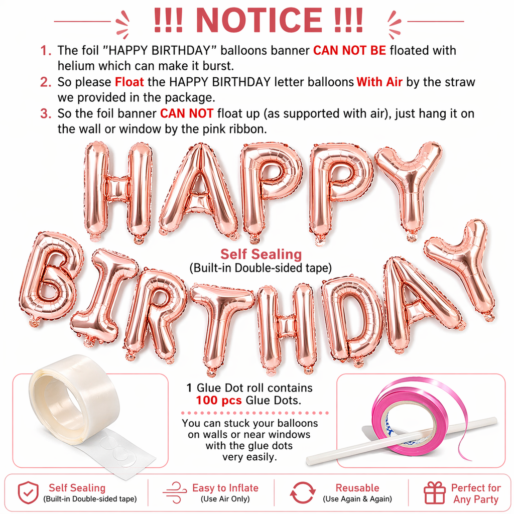Set of 2 Pcs Combo Rose Gold Happy Birthday Foil balloons Banner with Gluedot for Birthday decoration/rose gold balloon/rose gold birthday/rose gold birthday decorations