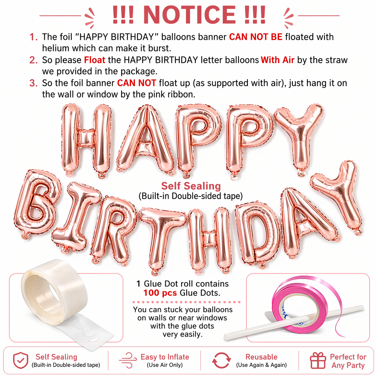 Set of 2 Pcs Combo Rose Gold Happy Birthday Foil balloons Banner with Gluedot for Birthday decoration/rose gold balloon/rose gold birthday/rose gold birthday decorations