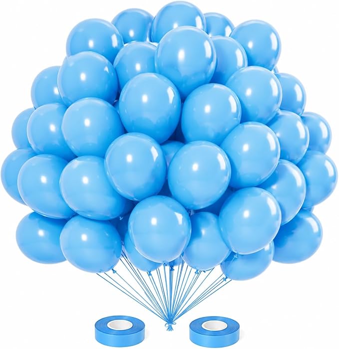 Light Blue Latex Balloons 100 Pack, 12 Inch Party Balloons with 2 Rolls of Ribbon, Helium Quality Balloons for Wedding, Birthday, Baby Shower, Engagement, Anniversary & Party Decorations