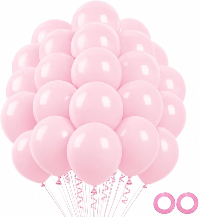 Pastel Pink Latex Balloons 100 Pack, 12 Inch Party Balloons with 2 Rolls of Ribbon, Helium Quality Balloons for Wedding, Birthday, Baby Shower, Engagement, Anniversary & Party Decorations