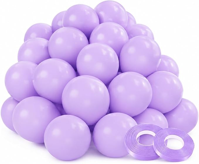 Pastel Purple Latex Balloons 100 Pack, 12 Inch Party Balloons with 2 Rolls of Ribbon, Helium Quality Balloons for Wedding, Birthday, Baby Shower, Engagement, Anniversary & Party Decorations