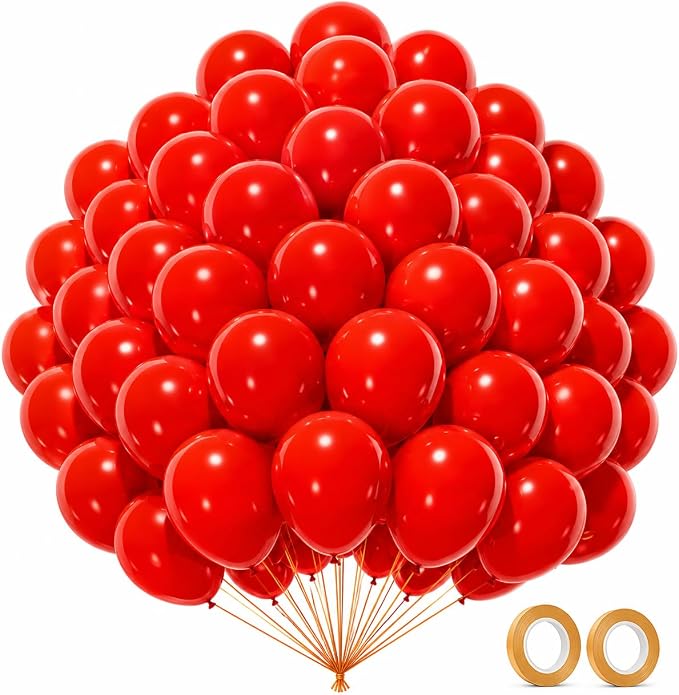 Red Latex Balloons 100 Pack, 12 Inch Party Balloons with 2 Rolls of Ribbon, Helium Quality Balloons for Wedding, Birthday, Baby Shower, Engagement, Anniversary & Party Decorations